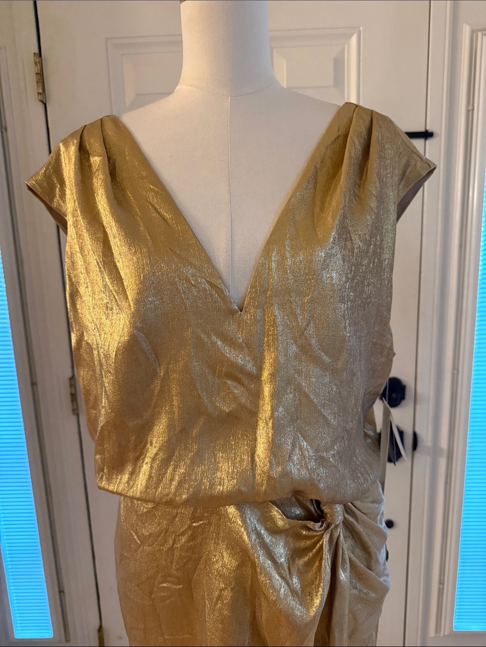 Adrianna Papell Metallic Gold V-Neck Midi Dress - Picture 4 of 6